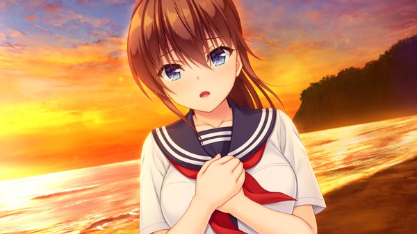 Anime picture 1280x720 with natural vacation hibiki works sarashina yuzuki asami asami single long hair fringe open mouth blue eyes hair between eyes brown hair wide image game cg sky ponytail beach evening sunset girl uniform