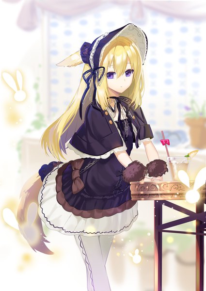 Anime picture 708x1000 with original nyori single long hair tall image looking at viewer fringe blonde hair hair between eyes standing purple eyes animal ears tail animal tail arm support girl dress bow hat pantyhose