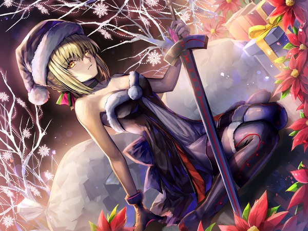 Anime picture 800x600 with fate (series) fate/grand order artoria pendragon (all) santa alter ells (ellsat) single looking at viewer fringe short hair breasts light erotic blonde hair hair between eyes sitting bare shoulders holding yellow eyes payot night arm support