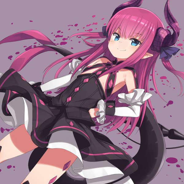 Anime picture 1000x1000 with fate (series) fate/grand order elizabeth bathory (fate) (all) elizabeth bathory (fate) gamuo single long hair looking at viewer fringe blue eyes light erotic simple background smile holding pink hair tail horn (horns) wind pointy ears grey background