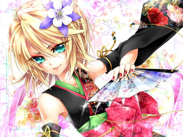 Anime picture 1800x1350 with vocaloid kagamine rin ueno tsuki single highres short hair blonde hair green eyes traditional clothes hair flower girl hair ornament detached sleeves obi fan