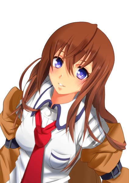 Anime picture 700x990 with steins;gate white fox makise kurisu amayofoo single long hair tall image blush simple background smile brown hair white background purple eyes from above girl uniform school uniform necktie