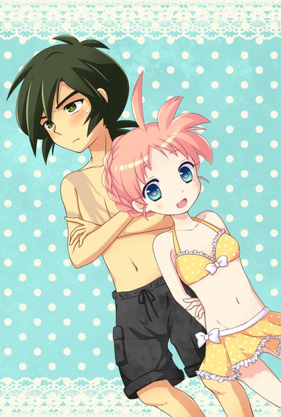 Anime picture 810x1200 with princess tutu ahiru arima fakir (tutu) kai aki (artist) long hair tall image looking at viewer blush open mouth blue eyes black hair green eyes looking away pink hair ahoge scar crossed arms hands behind back polka dot polka dot background