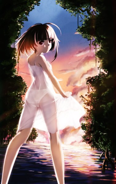 Anime picture 1000x1591 with original yosuzume (power sketch book) single tall image short hair light erotic black hair red eyes cloud (clouds) looking back girl underwear panties plant (plants) tree (trees) water sundress