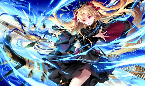 Anime picture 1172x700 with fate (series) fate/grand order ereshkigal (fate) kousaki rui single long hair fringe blonde hair smile red eyes wide image signed looking away long sleeves parted lips two side up floating hair lightning glowing weapon girl
