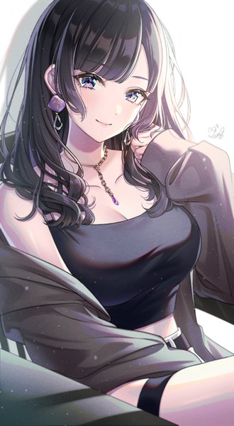Anime picture 1974x3585 with original mairo (ilo) single long hair tall image looking at viewer blush fringe highres breasts black hair simple background white background sitting purple eyes signed cleavage long sleeves off shoulder open jacket