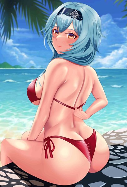 Anime picture 4922x7234 with genshin impact eula lawrence ronikx art single long hair tall image looking at viewer blush fringe highres breasts light erotic hair between eyes large breasts sitting blue hair absurdres sky cloud (clouds) outdoors