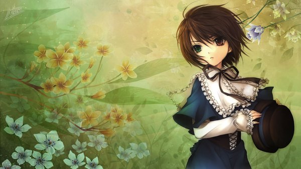 Anime picture 1920x1080 with rozen maiden souseiseki mizunomoto single highres short hair red eyes brown hair wide image holding green eyes signed looking away ahoge nail polish fingernails wallpaper heterochromia hat removed frown