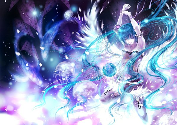 Anime picture 1100x779 with vocaloid hatsune miku suu (knzksu) single long hair twintails green eyes cleavage green hair arms up girl petals wings jellyfish