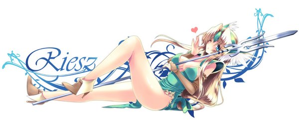 Anime picture 1000x432 with seiken densetsu seiken densetsu 3 riesz 108 gou single long hair blush breasts blue eyes light erotic simple background blonde hair wide image white background one eye closed wink high heels legs character names blown kiss