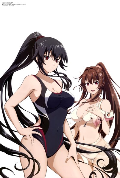 Anime picture 6066x9034 with kantai collection megami magazine yamato super battleship yahagi light cruiser masaki nako long hair tall image fringe highres breasts open mouth light erotic black hair simple background smile hair between eyes brown hair large breasts standing white background