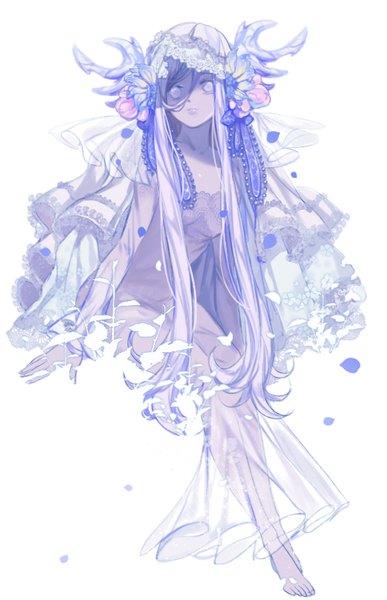 Anime picture 567x879 with original saeldam single tall image looking at viewer fringe simple background hair between eyes white background sitting payot silver hair full body very long hair barefoot hair flower silver eyes polychromatic girl dress