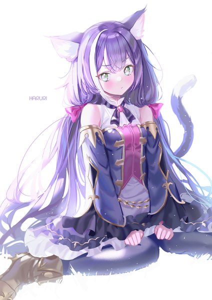 Anime picture 1000x1415 with princess connect! re:dive princess connect! karyl (princess connect!) haruri single long hair tall image blush simple background white background sitting twintails green eyes signed animal ears purple hair tail animal tail multicolored hair cat ears