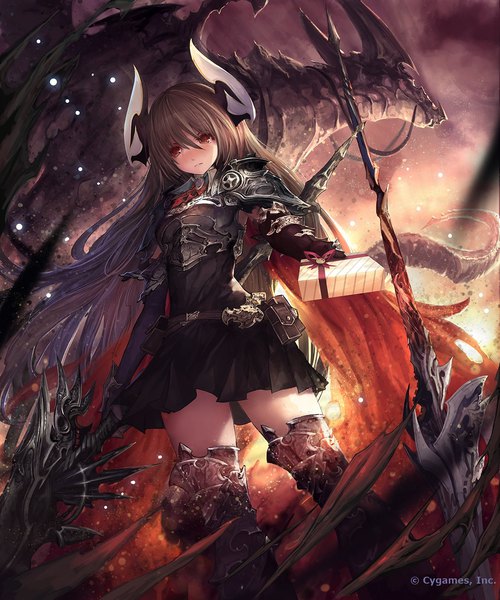 Anime picture 1250x1500 with shingeki no bahamut forte (shingeki no bahamut) tachikawa mushimaro (bimo) long hair tall image blush fringe hair between eyes red eyes brown hair standing holding looking away horn (horns) from below embarrassed zettai ryouiki watermark outstretched hand fantasy