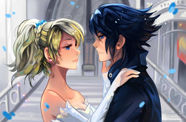 Anime picture 1522x1000 with final fantasy final fantasy xv square enix noctis lucis caelum lunafreya nox fleuret larienne short hair blue eyes blonde hair bare shoulders blue hair ponytail profile couple hug face to face hand on another's shoulder hand on another's face girl boy
