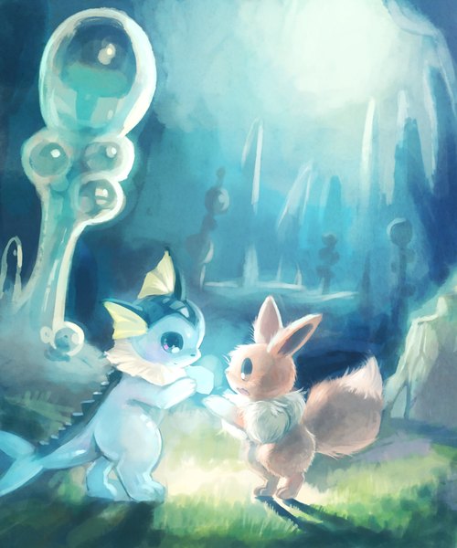 Anime picture 1000x1200 with pokemon nintendo eevee vaporeon jinja^e^ru tall image open mouth profile night shadow no people face to face gen 1 pokemon plant (plants) animal grass