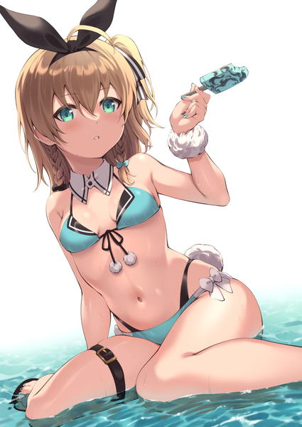 Anime picture 1003x1416 with original kome to pan single tall image fringe short hair light erotic hair between eyes brown hair sitting holding looking away ahoge tail nail polish animal tail aqua eyes one side up partially submerged skindentation