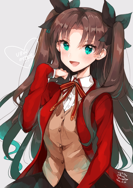 Anime picture 645x911 with fate (series) fate/stay night toosaka rin ichikura tokage single long hair tall image looking at viewer blush fringe open mouth simple background smile brown hair twintails green eyes signed arm up inscription grey background