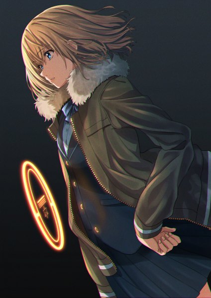 Anime picture 868x1228 with original redlammy single tall image fringe short hair blue eyes simple background blonde hair hair between eyes standing looking away parted lips profile pleated skirt wind open jacket fur trim hand on hip magic