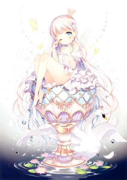 Anime picture 2324x3300 with original eshi 100-nin ten wasabi (sekai) single long hair tall image looking at viewer blush highres blue eyes white hair one eye closed barefoot scan official art bare legs girl dress flower (flowers) petals