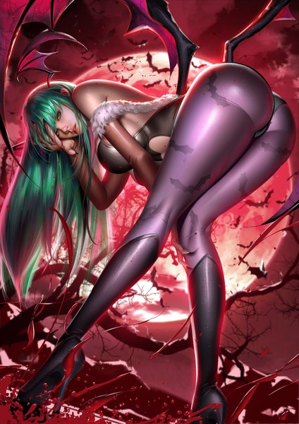 Anime picture 2828x4001 with vampire / darkstalkers (game) capcom morrigan aensland liang xing single long hair tall image looking at viewer fringe highres breasts light erotic hair between eyes large breasts green eyes sky full body ass nail polish fingernails