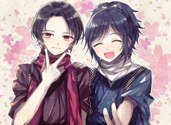 Anime picture 1200x880 with touken ranbu nitroplus kashuu kiyomitsu yamato no kami yasusada abandon ranka long hair looking at viewer open mouth black hair red eyes upper body ponytail eyes closed nail polish multiple boys cherry blossoms victory ^ ^ red nail polish hand on another's shoulder