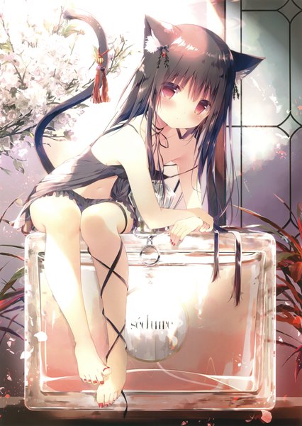 Anime picture 2129x3000 with original eshi 100-nin ten shiratama (shiratamaco) single long hair tall image looking at viewer blush fringe highres light erotic black hair hair between eyes red eyes sitting animal ears payot full body tail nail polish