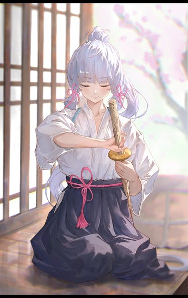 Anime picture 1716x2725 with genshin impact kamisato ayaka yu pian single long hair tall image fringe highres sitting holding payot silver hair ponytail blunt bangs eyes closed traditional clothes japanese clothes alternate costume tress ribbon seiza