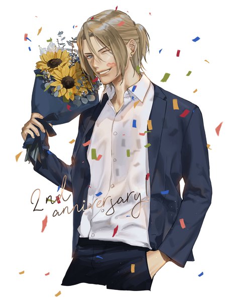 Anime picture 1683x2157 with toraware no palm aoi (toraware no palm) vient single tall image short hair blue eyes simple background blonde hair smile white background ponytail one eye closed wink half updo open collar hand in pocket anniversary lipstick mark boy