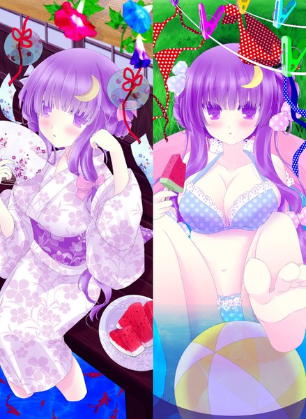 Anime picture 1000x1367 with touhou patchouli knowledge shiromomo long hair tall image looking at viewer breasts light erotic large breasts sitting purple eyes bare shoulders purple hair japanese clothes barefoot bare belly :o alternate costume alternate hairstyle crescent