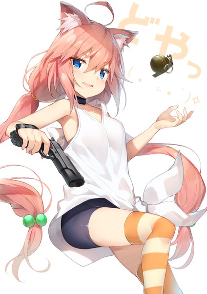 Anime picture 566x800 with virtual youtuber hinata channel nekomiya hinata yappen single long hair tall image looking at viewer blush fringe open mouth blue eyes simple background smile hair between eyes white background twintails holding animal ears payot