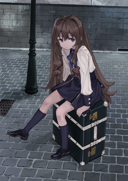 Anime picture 1767x2500 with original luicent single long hair tall image looking at viewer fringe highres blue eyes hair between eyes brown hair sitting payot full body bent knee (knees) outdoors arm support lacing girl skirt