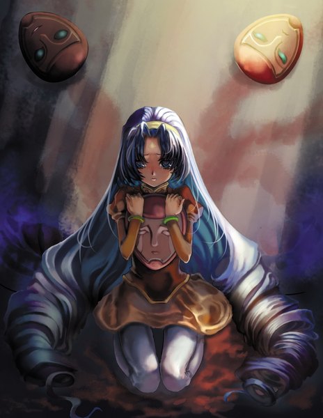 Anime picture 1200x1551 with super robot wars despinis st.microscope single tall image looking at viewer blush blue eyes silver hair very long hair drill hair sad girl dress hairband mask