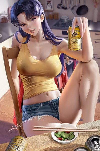 Anime picture 800x1200 with neon genesis evangelion gainax yebisu katsuragi misato zumi (zumidraws) single long hair tall image looking at viewer blush fringe breasts open mouth light erotic large breasts sitting holding brown eyes signed cleavage