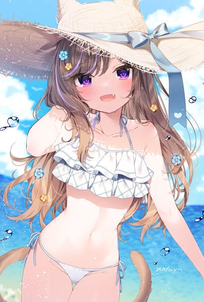 Anime picture 1320x1950 with original leo (mafuyu) mafuyu (chibi21) single long hair tall image looking at viewer blush fringe open mouth light erotic smile brown hair standing purple eyes signed sky cloud (clouds) outdoors tail