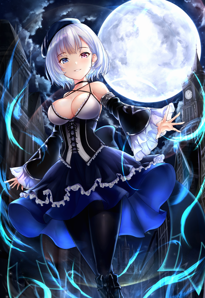 Anime picture 1514x2200 with original agibe single tall image looking at viewer blush fringe short hair breasts blue eyes light erotic red eyes large breasts standing silver hair cloud (clouds) outdoors parted lips night wide sleeves