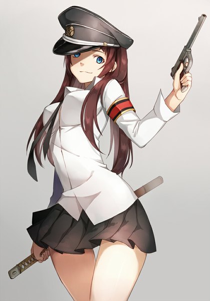 Anime picture 699x1000 with original akami fumio single long hair tall image fringe breasts blue eyes simple background smile brown hair standing holding pleated skirt grey background shadow dual wielding sheathed girl skirt
