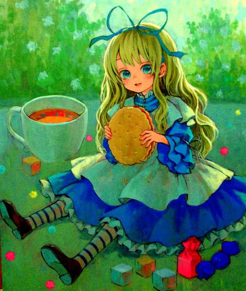 Anime picture 1176x1391 with alice in wonderland alice (wonderland) ama-tou single long hair tall image looking at viewer blush open mouth blue eyes blonde hair sitting traditional media minigirl girl dress ribbon (ribbons) hair ribbon food sweets