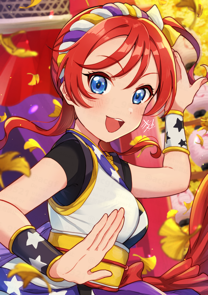 Anime picture 2121x3000 with hello!!! love live! sunrise (studio) love live! yoneme mei kyaku tasu single tall image looking at viewer blush fringe highres short hair breasts open mouth blue eyes smile hair between eyes upper body red hair :d