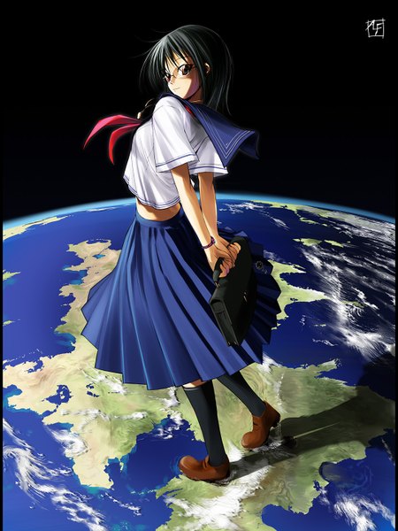 Anime picture 1080x1440 with original alf874 single tall image short hair black hair red eyes standing brown eyes pleated skirt light smile grey hair from behind midriff back black background dark background hands behind back girl uniform