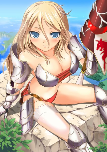 Anime picture 1478x2100 with original mirakuru (artist) single long hair tall image looking at viewer blush breasts blue eyes light erotic blonde hair girl thighhighs white thighhighs armor gauntlets polearm