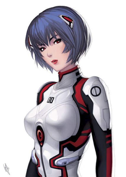 Anime picture 620x874 with neon genesis evangelion gainax ayanami rei warrenlouw single tall image looking at viewer short hair breasts simple background red eyes white background blue hair lips girl suit