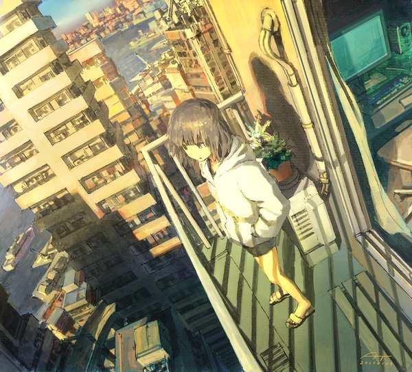 Anime picture 1200x1086 with original tokunaga akimasa single fringe short hair black hair red eyes standing signed looking away full body blunt bangs from above inscription shadow city dated cityscape hands in pockets girl