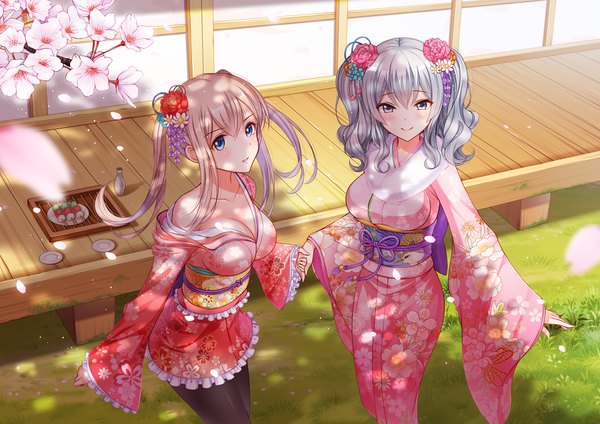 Anime picture 2000x1414 with kantai collection kashima training cruiser graf zeppelin (kantai collection) ltt challenger long hair looking at viewer blush highres blue eyes blonde hair smile multiple girls silver hair traditional clothes japanese clothes hair flower girl hair ornament flower (flowers) 2 girls