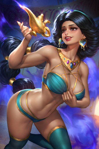 Anime picture 2400x3597 with aladdin disney jasmine nudtawut thongmai single long hair tall image blush fringe highres breasts light erotic black hair large breasts standing brown eyes looking away braid (braids) fingernails realistic