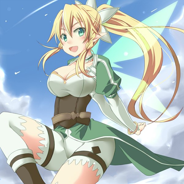 Anime picture 1000x1000 with sword art online a-1 pictures leafa minagi (artist) single long hair blush open mouth light erotic blonde hair green eyes ponytail pointy ears elf girl wings bracelet