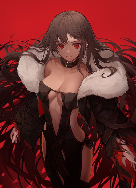 Anime picture 1000x1383 with fate (series) fate/grand order yu mei-ren (fate) yohaku single tall image looking at viewer fringe breasts light erotic simple background hair between eyes red eyes brown hair large breasts payot very long hair light smile off shoulder open jacket