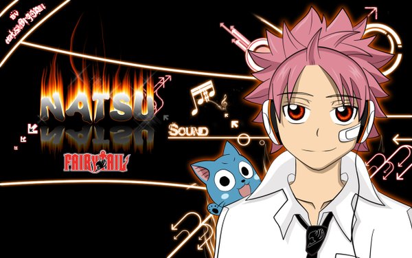 Anime picture 1280x800 with fairy tail natsu dragneel happy (fairy tail) natsudrgonil short hair open mouth red eyes wide image pink hair light smile black eyes inscription coloring bandaid on face treble clef boy animal shirt necktie headphones