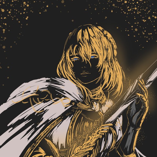 Anime picture 2097x2096 with elden ring needle knight leda 00osamio00 single looking at viewer fringe highres short hair blue eyes blonde hair hair between eyes upper body black background partially colored girl weapon sword