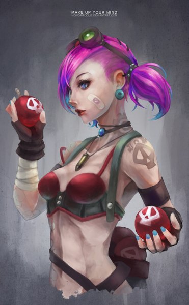 Anime picture 2170x3508 with league of legends jinx (league of legends) vi (league of legends) ziggs (league of legends) monori rogue single tall image fringe highres short hair blue eyes light erotic twintails purple hair profile tattoo short twintails goggles on head bandaid on face girl